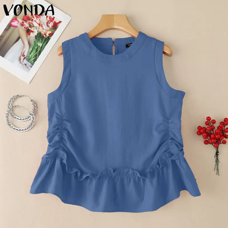 VONDA Summer Tanks Tops 2025 Women Sleeveless Solid Color Round Neck Casual Loose Elegant Office Lady Shirts Fashion Tees OL