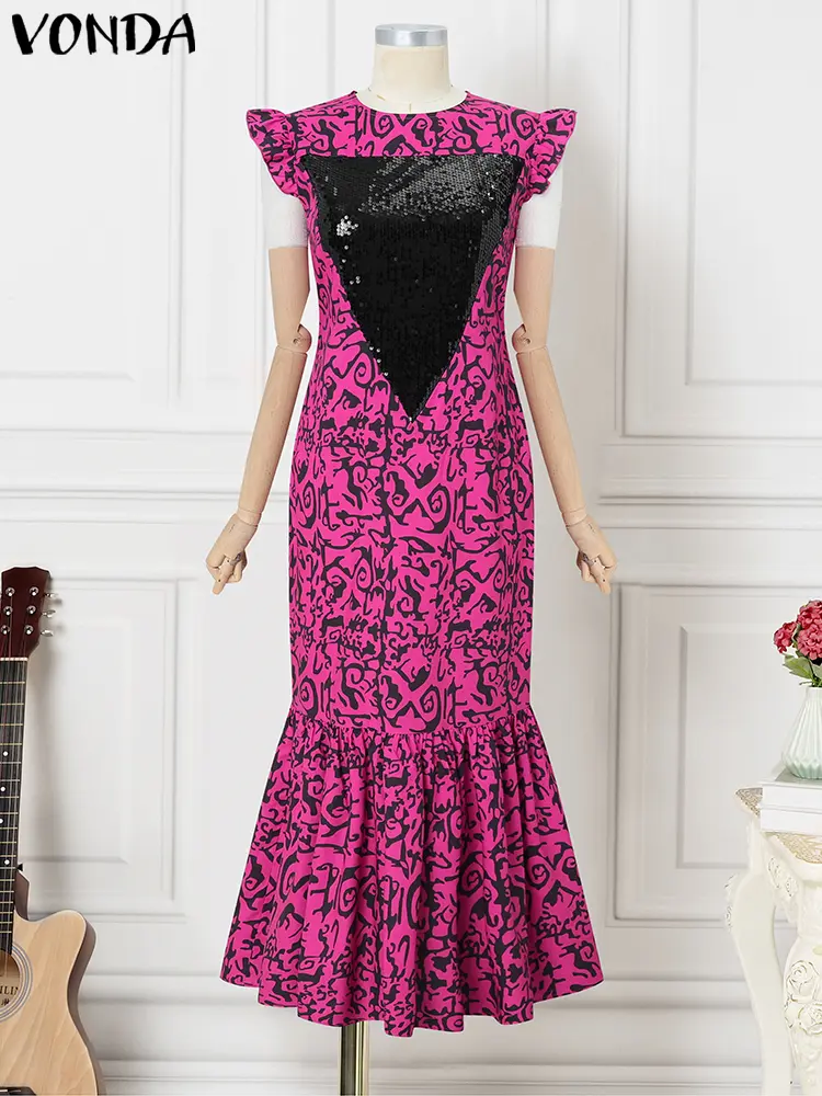 Plus Size Dresses VONDA Women Summer Maxi Sleeveless Bohemian Print Long Sundress 2025 Fashion Patchwork Ruffled Beach Vestido