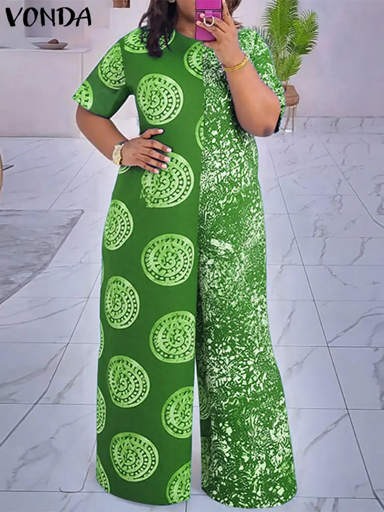 Plus Size 5XL VONDA Women Summer Jumpsuits 2025 Vintage Short Sleeve Patchwork Playsuits Bohemian Print Loose Wide Leg Overalls