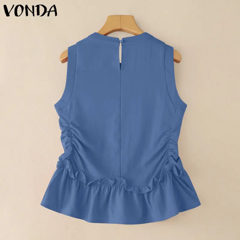 VONDA Summer Tanks Tops 2025 Women Sleeveless Solid Color Round Neck Casual Loose Elegant Office Lady Shirts Fashion Tees OL
