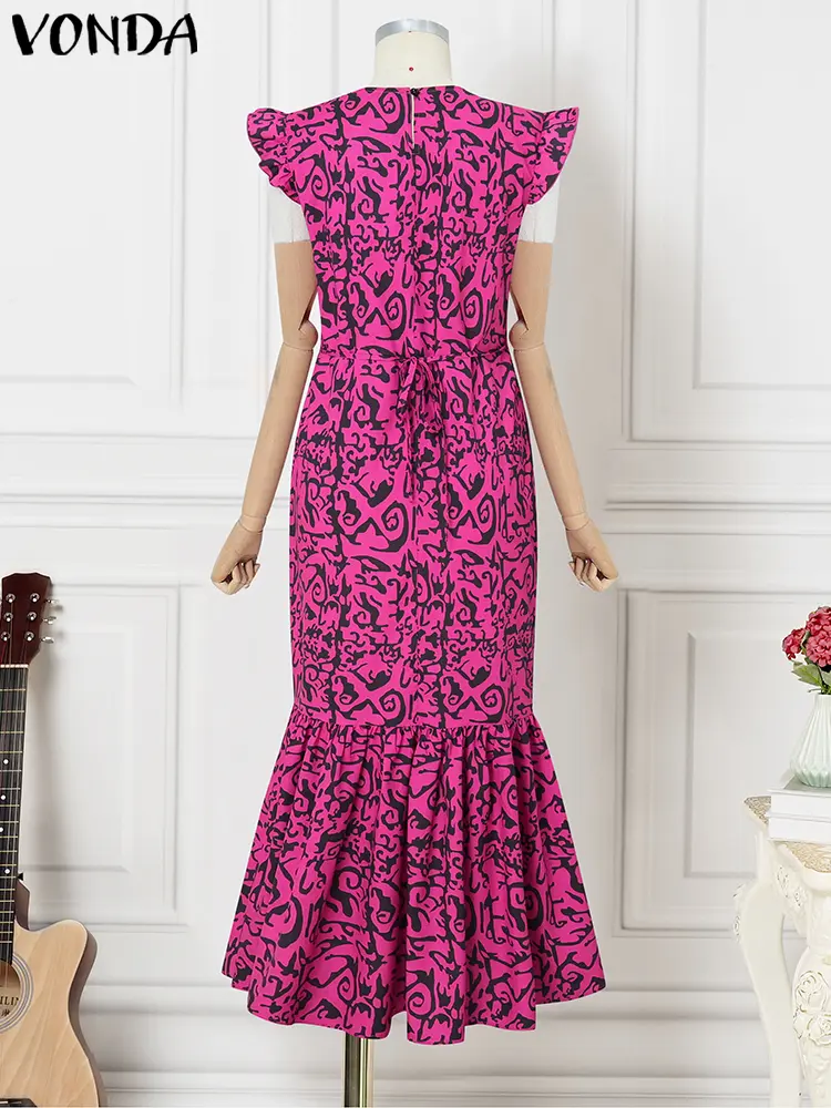 Plus Size Dresses VONDA Women Summer Maxi Sleeveless Bohemian Print Long Sundress 2025 Fashion Patchwork Ruffled Beach Vestido