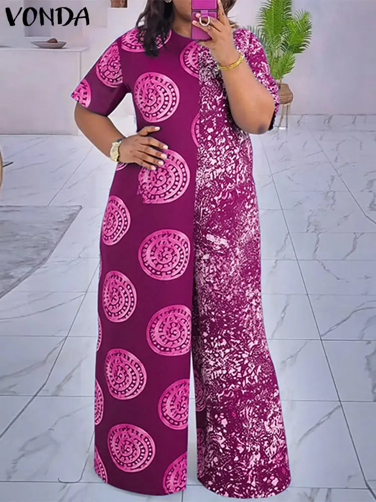 Plus Size 5XL VONDA Women Summer Jumpsuits 2025 Vintage Short Sleeve Patchwork Playsuits Bohemian Print Loose Wide Leg Overalls
