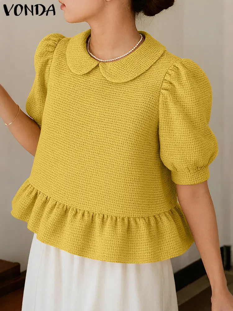 VONDA Fashion Solid Color Blouse Women Tunic Tops Ruffled Shirts 2025 Summer Short Puff Sleeve Casual Lapel Korean Blusas Female
