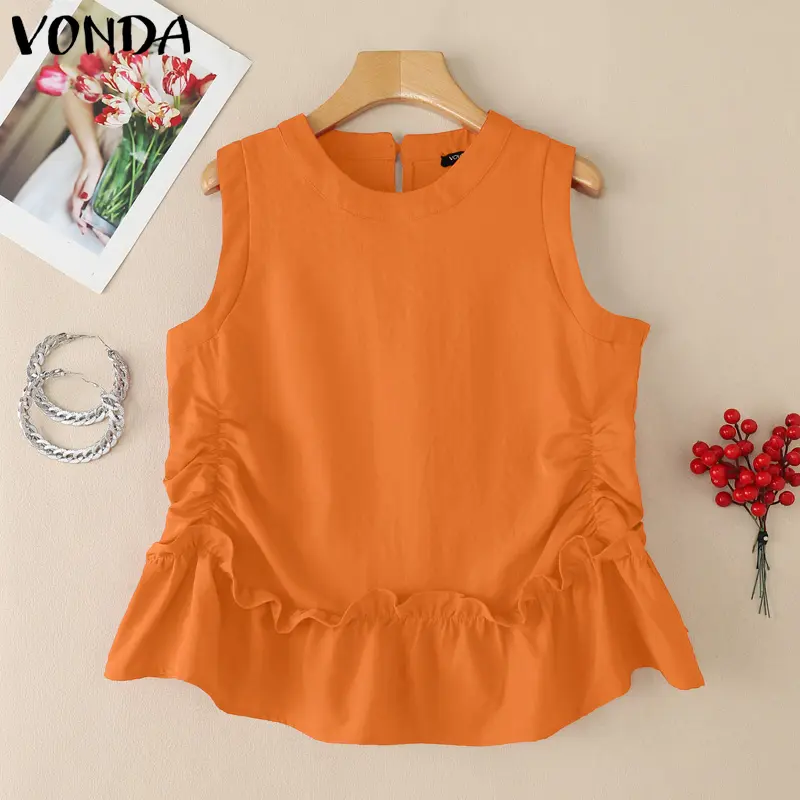 VONDA Summer Tanks Tops 2025 Women Sleeveless Solid Color Round Neck Casual Loose Elegant Office Lady Shirts Fashion Tees OL
