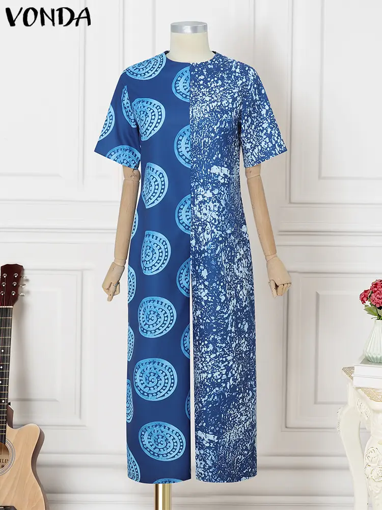 Plus Size 5XL VONDA Women Summer Jumpsuits 2025 Vintage Short Sleeve Patchwork Playsuits Bohemian Print Loose Wide Leg Overalls