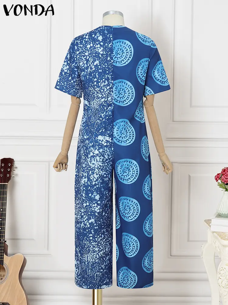 Plus Size 5XL VONDA Women Summer Jumpsuits 2025 Vintage Short Sleeve Patchwork Playsuits Bohemian Print Loose Wide Leg Overalls