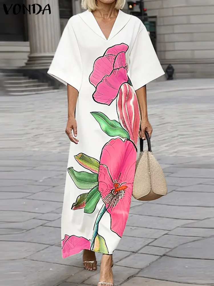 Plus Size 5XL VONDA Bohemian Women Floral Print Maxi Dress 2025 Summer Short Sleeve Long Vestidos Lapel Casual Loose Sundress
