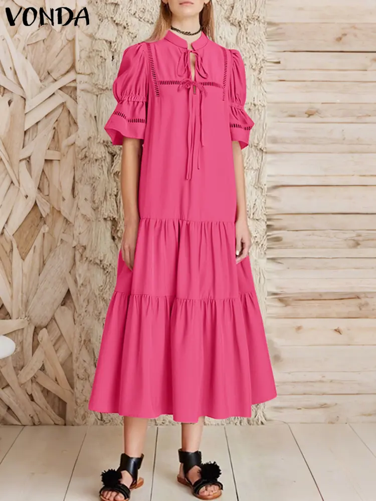Fashion Party Vestidos VONDA Elegant Summer Long Dress Women Ruffled Sundress 2025 Short Sleeve Lace-up Hollow Out Solid Robe