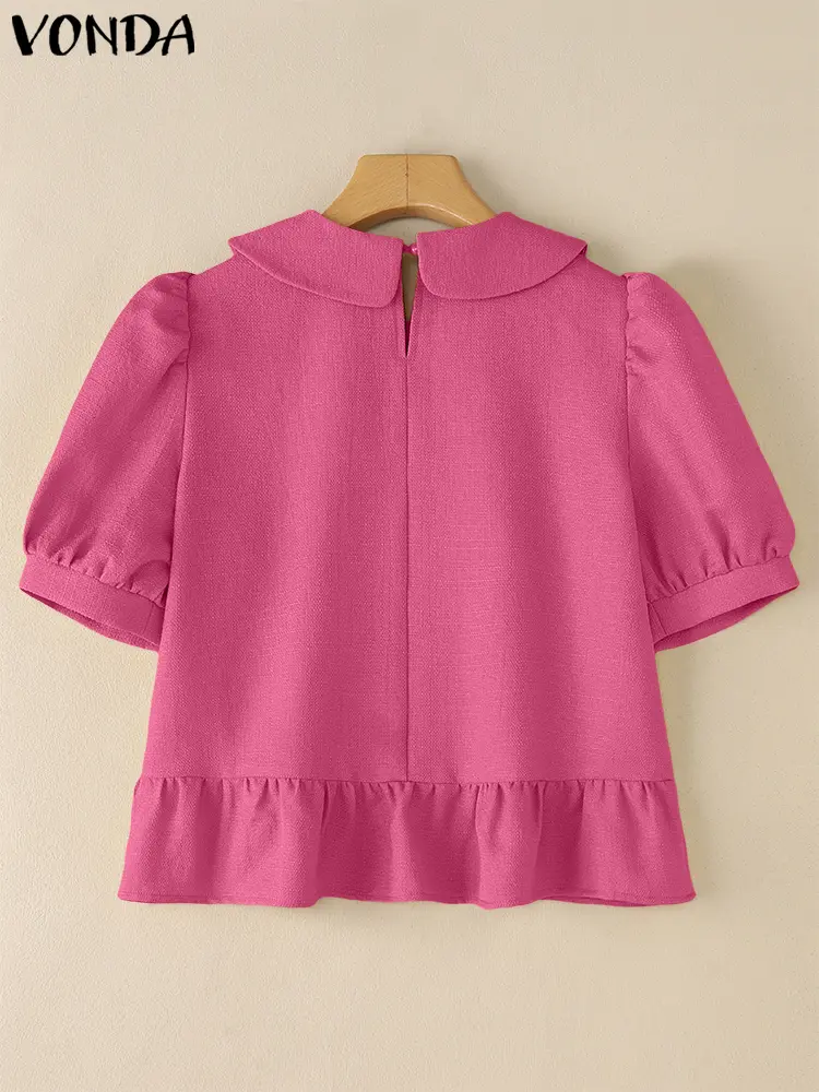 VONDA Fashion Solid Color Blouse Women Tunic Tops Ruffled Shirts 2025 Summer Short Puff Sleeve Casual Lapel Korean Blusas Female