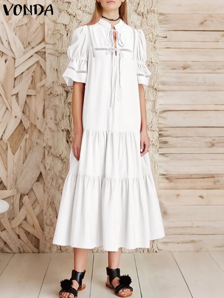 Fashion Party Vestidos VONDA Elegant Summer Long Dress Women Ruffled Sundress 2025 Short Sleeve Lace-up Hollow Out Solid Robe