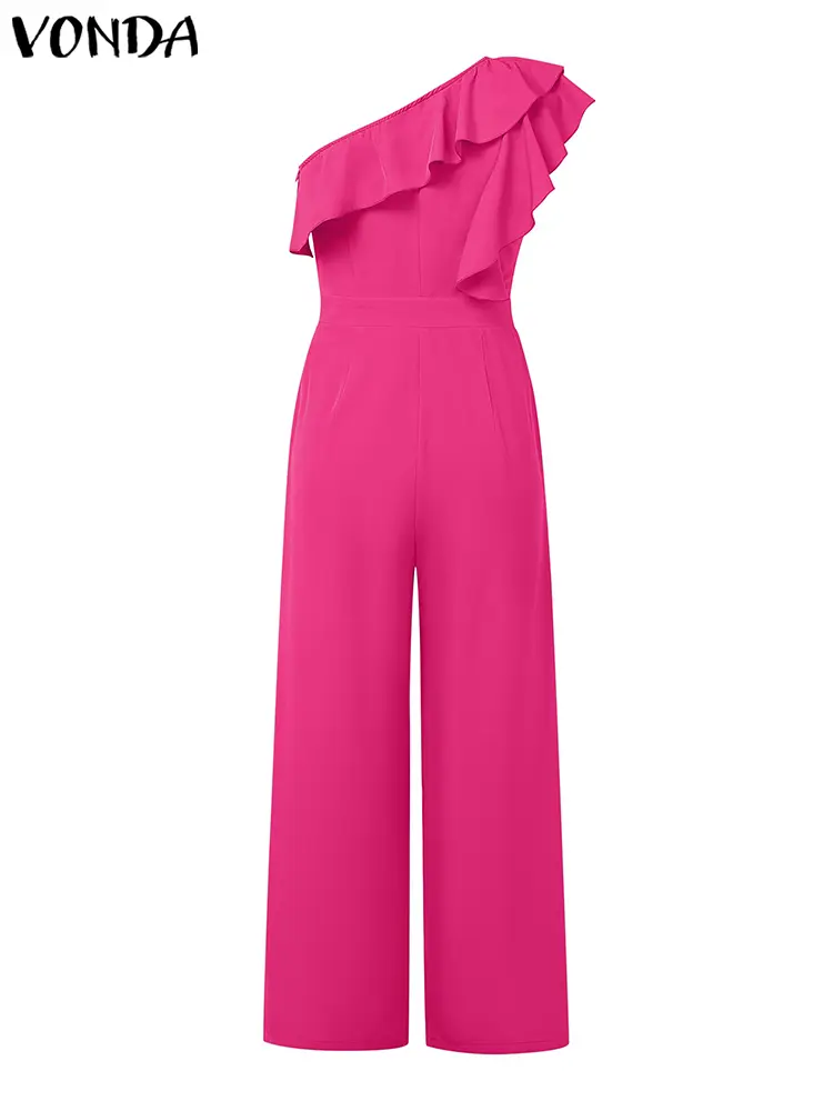 Plus Size 5XL VONDA Elegant Party Jumpsuits Women Long Rompers 2025 Summer Off Shoulder Ruffled Overalls Solid Wide Leg Pants