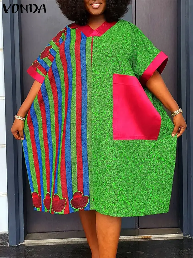 VONDA Plus Size 5XL Bohemian Summer Dress Women Short Sleeve Striped Print Knee-length Sundress Casual Pockets Beach Vestidos