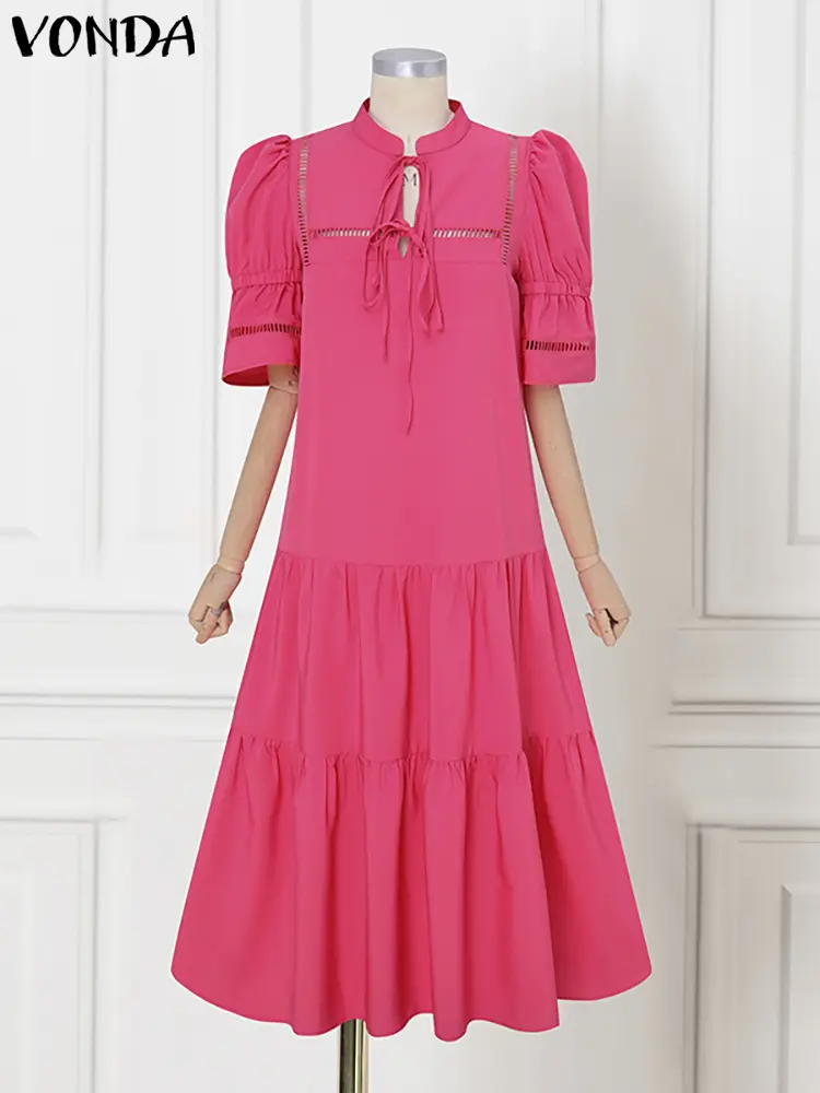 Fashion Party Vestidos VONDA Elegant Summer Long Dress Women Ruffled Sundress 2025 Short Sleeve Lace-up Hollow Out Solid Robe