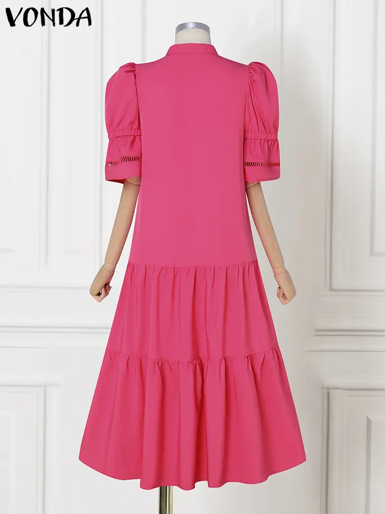 Fashion Party Vestidos VONDA Elegant Summer Long Dress Women Ruffled Sundress 2025 Short Sleeve Lace-up Hollow Out Solid Robe