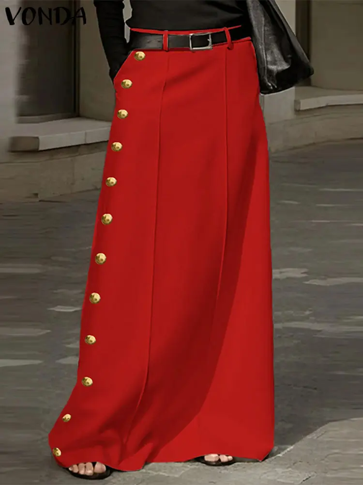VONDA Women Maxi Long Skirts 2025 Sexy High Waist Skirt Oversized Buttons Elegant Solid Color Casual Loose Bottoms