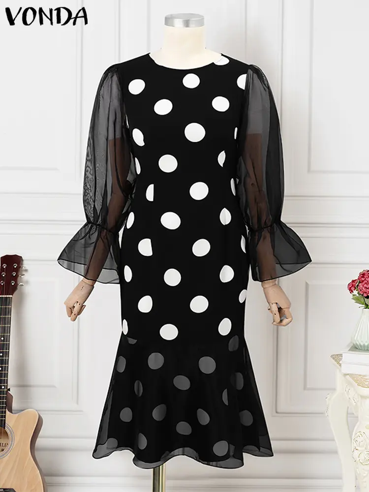 Women Well Fitting Midi Dress Plus Size VONDA Casual Long Sleeve Robe O-neck Polka Dots Elegant Lace Patchwork Bohemian Vestidos