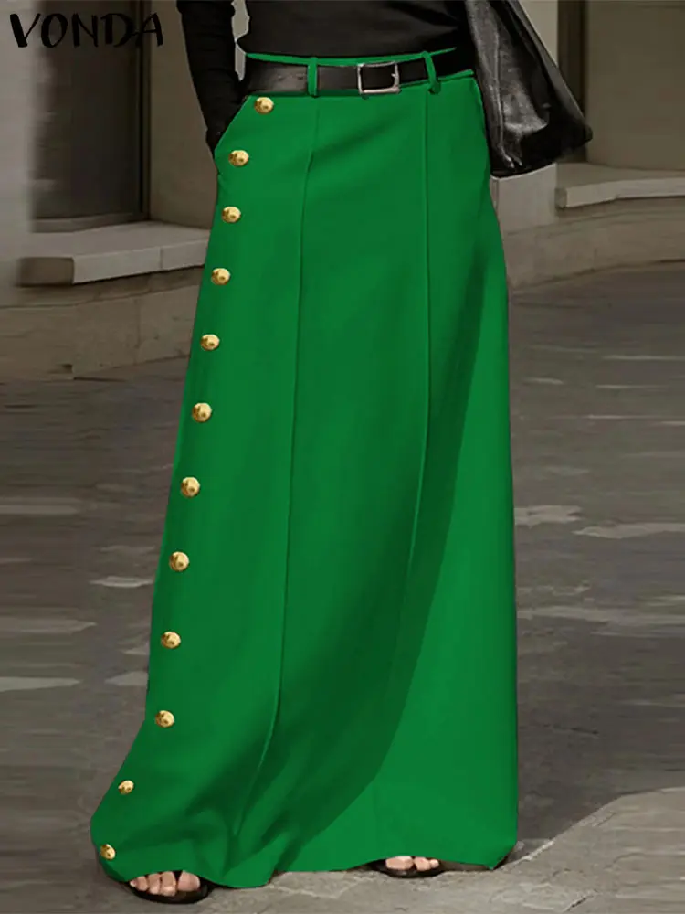 VONDA Women Maxi Long Skirts 2025 Sexy High Waist Skirt Oversized Buttons Elegant Solid Color Casual Loose Bottoms
