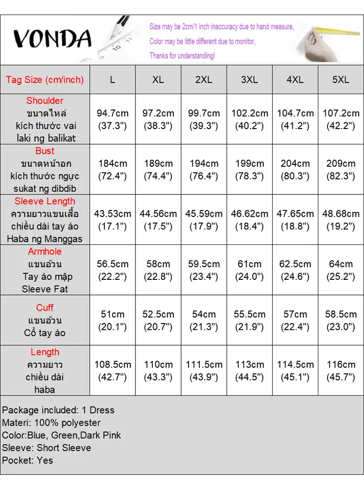 VONDA Plus Size 5XL Bohemian Summer Dress Women Short Sleeve Striped Print Knee-length Sundress Casual Pockets Beach Vestidos