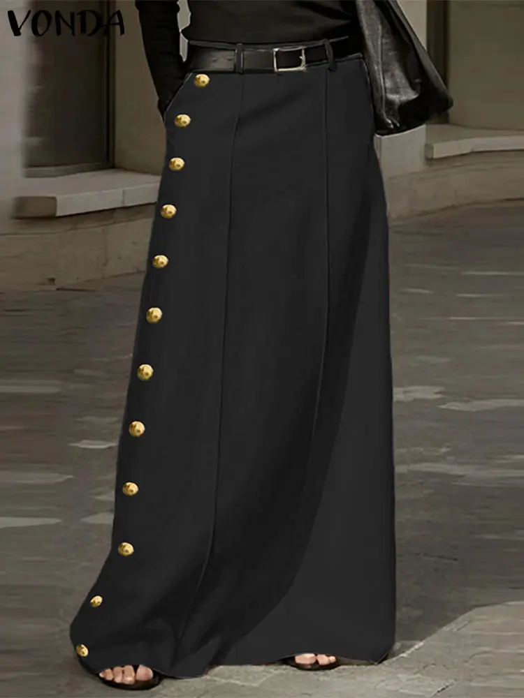 VONDA Women Maxi Long Skirts 2025 Sexy High Waist Skirt Oversized Buttons Elegant Solid Color Casual Loose Bottoms