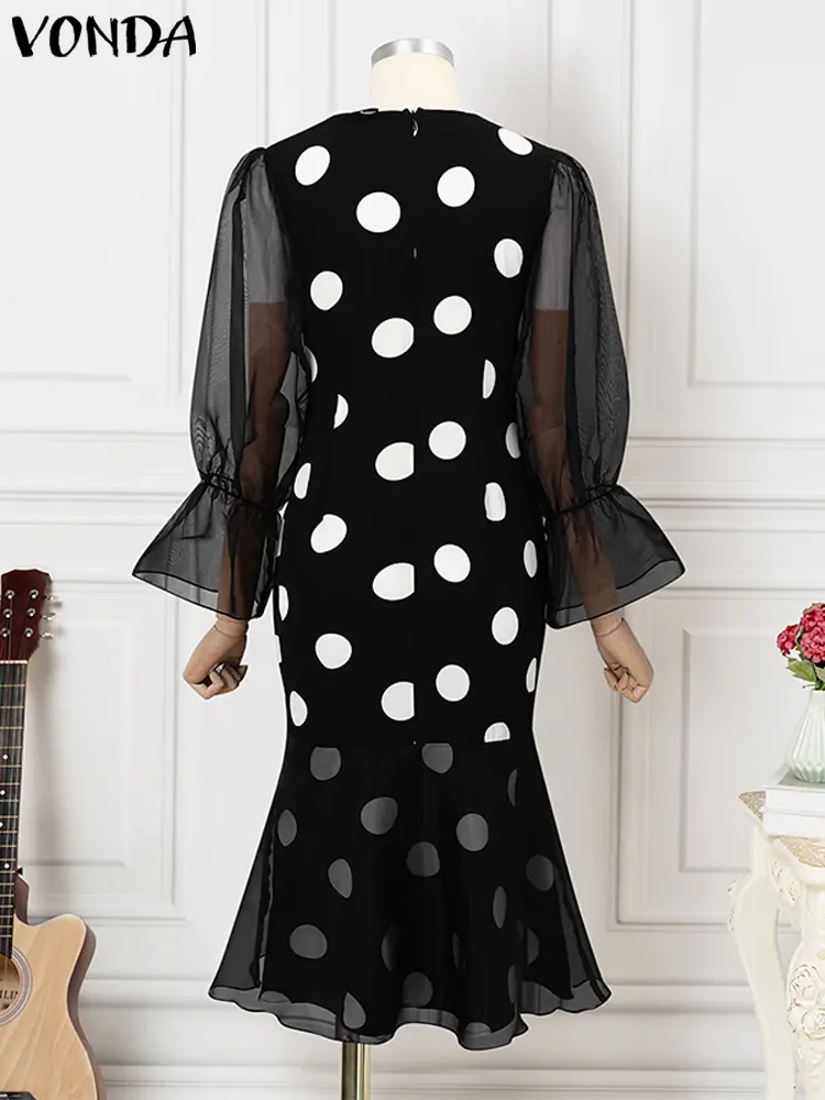 Women Well Fitting Midi Dress Plus Size VONDA Casual Long Sleeve Robe O-neck Polka Dots Elegant Lace Patchwork Bohemian Vestidos