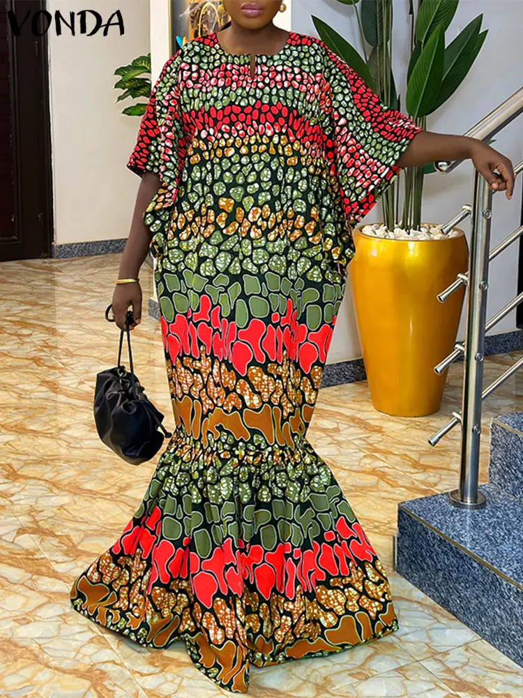 Plus Size VONDA 2025 Summer Long Dress Women Flare Sleeve Sundress Vintage Fishtail Vestidos Casual Loose V Neck Printed Robe