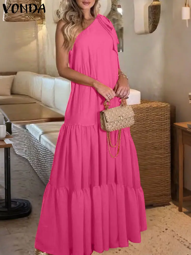 Plus Size 5XL VONDA Bohemian Beach Dress Summer Long Vestidos Women Sexy Off Shoulder Bow Ruffled Maxi Sundress Loose Solid Robe