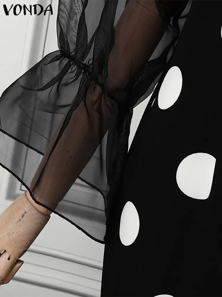 Women Well Fitting Midi Dress Plus Size VONDA Casual Long Sleeve Robe O-neck Polka Dots Elegant Lace Patchwork Bohemian Vestidos