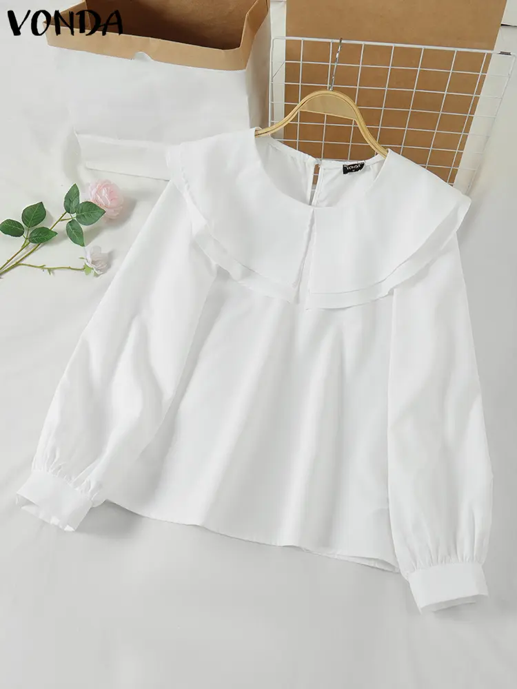 Women Ruffled Blouses Casual Solid Solid Tops 2024 VONDA Chemise Tunic Lantern Long Sleeve Blusas Loose Pullover Oversize