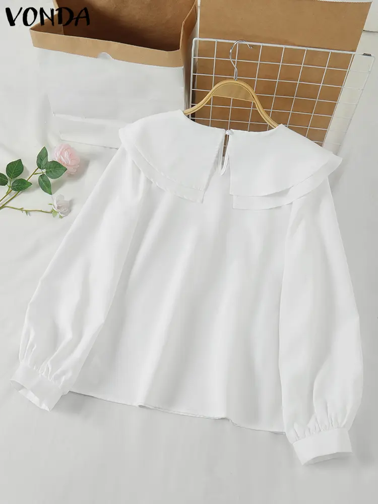 Women Ruffled Blouses Casual Solid Solid Tops 2024 VONDA Chemise Tunic Lantern Long Sleeve Blusas Loose Pullover Oversize