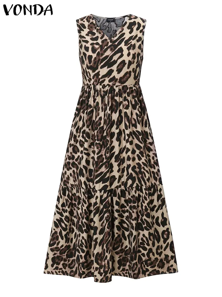 Plus Size VONDA Bohemian Women Leopard Print Dress 2025 Summer Sleeveless Rufled Maxi Long Sundress V Neck Casual Beach Vestido