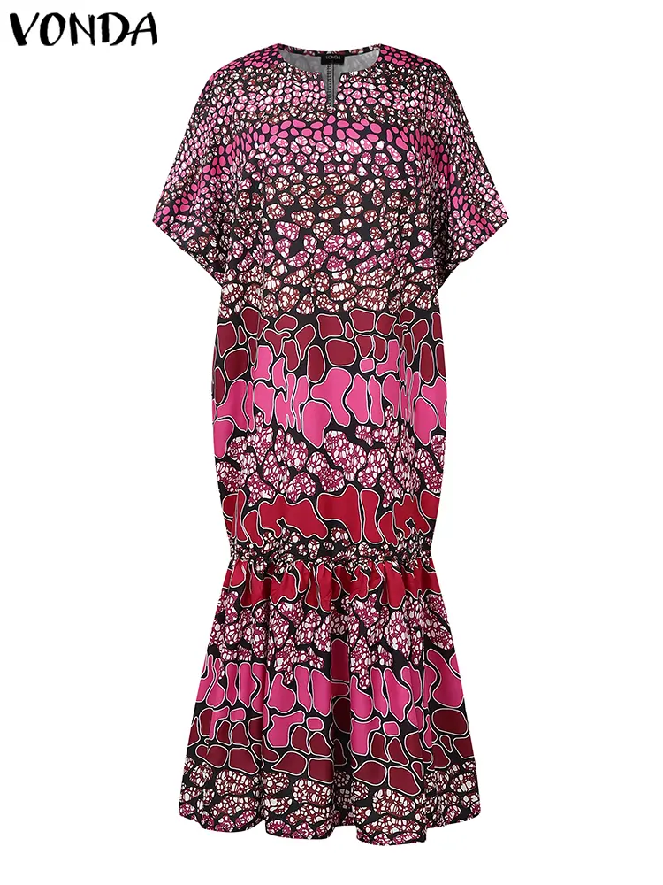 Plus Size VONDA 2025 Summer Long Dress Women Flare Sleeve Sundress Vintage Fishtail Vestidos Casual Loose V Neck Printed Robe