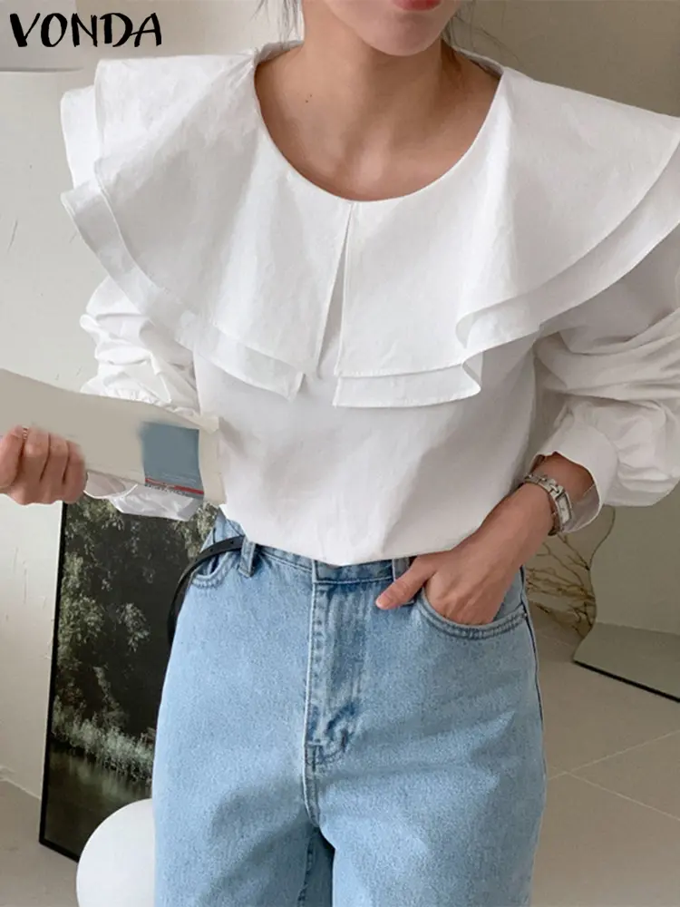 Women Ruffled Blouses Casual Solid Solid Tops 2024 VONDA Chemise Tunic Lantern Long Sleeve Blusas Loose Pullover Oversize