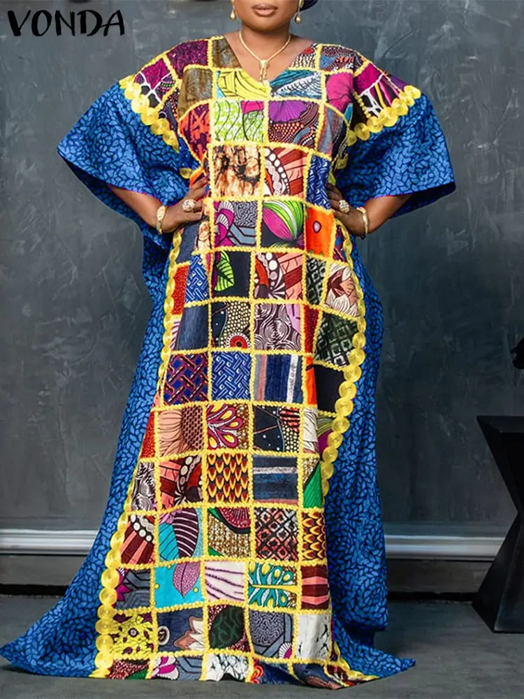 VONDA Plus Size Women Bohemian Maxi Dress 2025 Summer Printed Sundress Patchwork Vestidos Casual V Neck Half Sleeve Vintage Robe