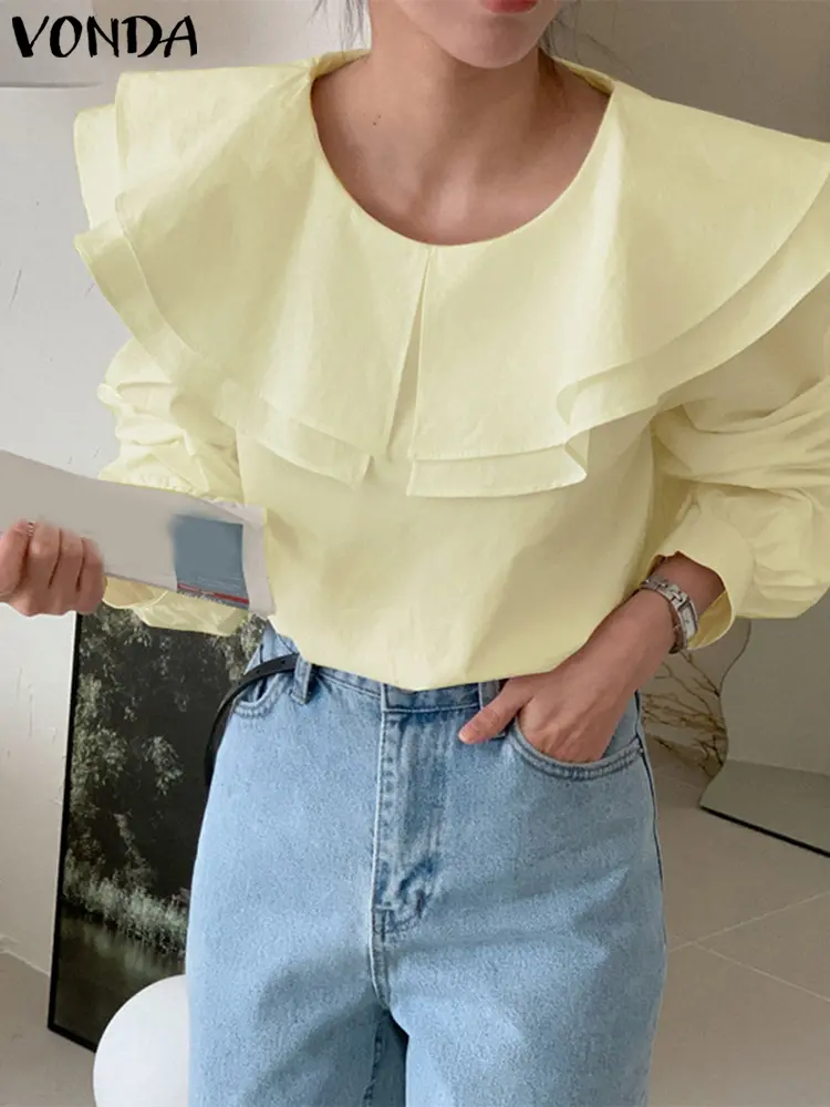 Women Ruffled Blouses Casual Solid Solid Tops 2024 VONDA Chemise Tunic Lantern Long Sleeve Blusas Loose Pullover Oversize