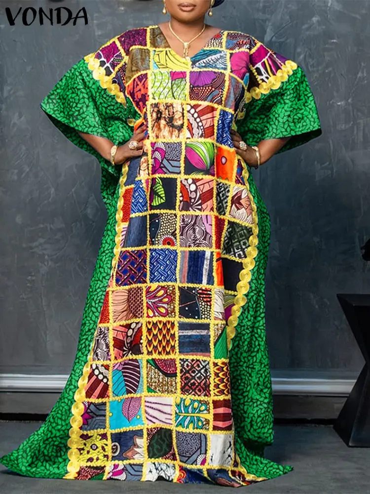 VONDA Plus Size Women Bohemian Maxi Dress 2025 Summer Printed Sundress Patchwork Vestidos Casual V Neck Half Sleeve Vintage Robe