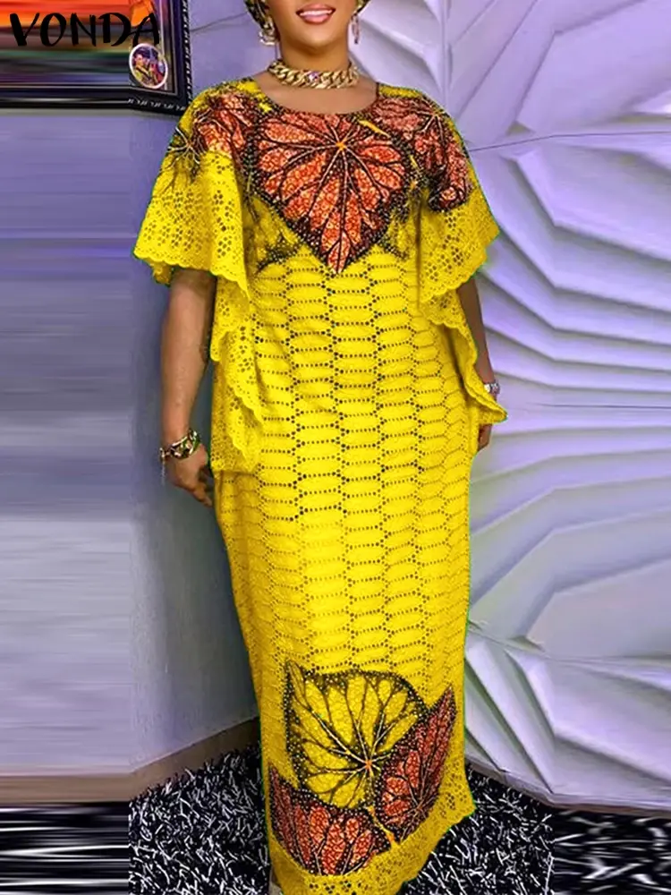 Plus Size 5XL VONDA Bohemian Women Printed Long Dress Summer Sundress Vintage Short Sleeve Robe Casual Loose Vestido Oversized