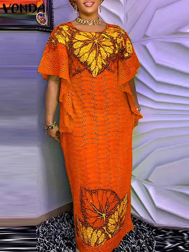 Plus Size 5XL VONDA Bohemian Women Printed Long Dress Summer Sundress Vintage Short Sleeve Robe Casual Loose Vestido Oversized