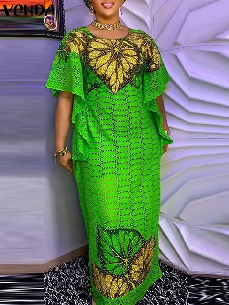 Plus Size 5XL VONDA Bohemian Women Printed Long Dress Summer Sundress Vintage Short Sleeve Robe Casual Loose Vestido Oversized