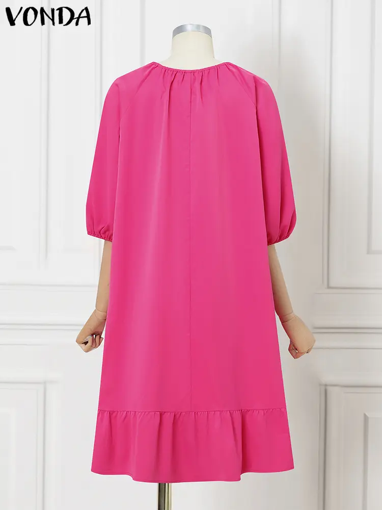 Plus Size VONDA Women Summer Long Dress 2025 Fashion O-Neck Lace-up Bow Sundress Casual Solid 3/4 Sleeve Ruffled Party Vestidos