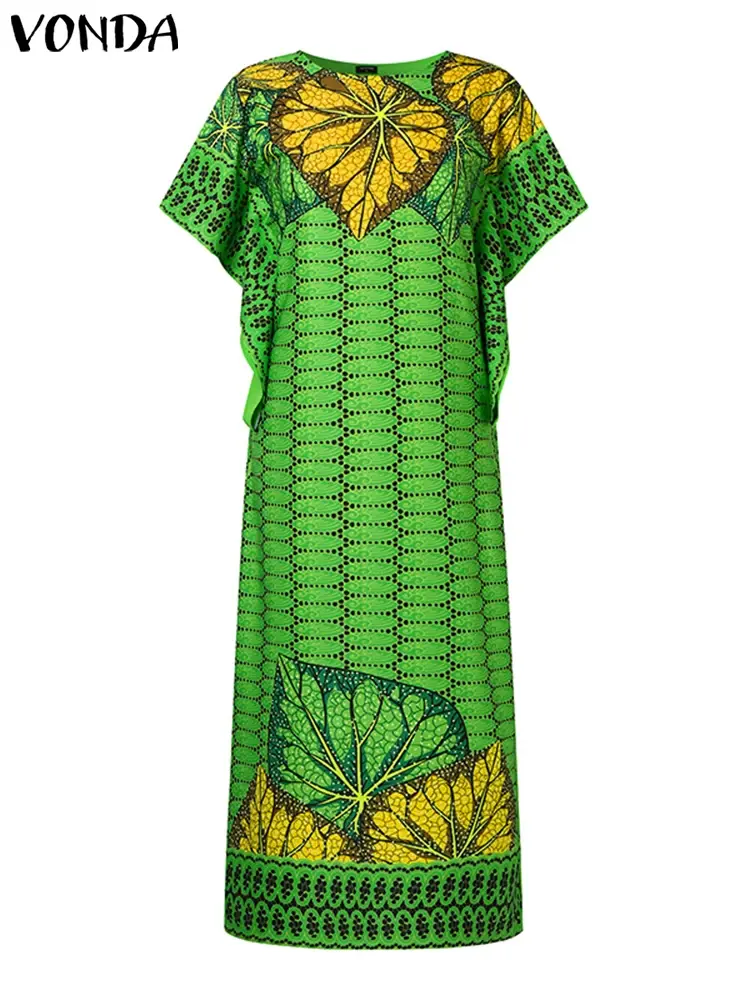 Plus Size 5XL VONDA Bohemian Women Printed Long Dress Summer Sundress Vintage Short Sleeve Robe Casual Loose Vestido Oversized
