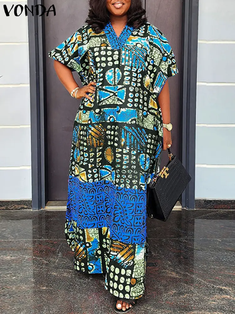 Plus Size 5XL VONDA Bohemian Women Party Maxi Dress 2025 Short Sleeve Summer Sundress Vintage Print V-Neck Casual Long Vestidos