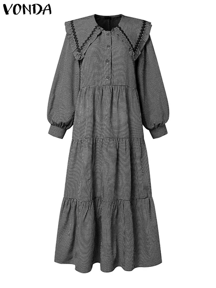 VONDA Women Elegant Plaid Dress Peter Pan Collar Ruffled Maxi Long Vestidos 2025 Fashion Buttons Casual Loose Party Pleated Robe