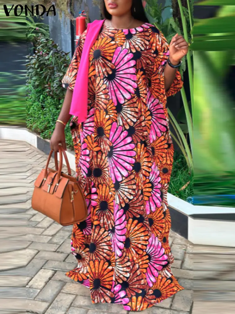 VONDA Plus Size Women Bohemian Maxi Dress Summer Long Vestidos Vintage Printed Beach Sundress Casual Lantern Sleeve Party Robe