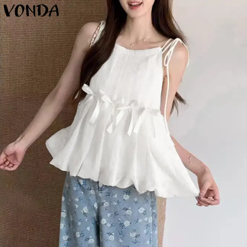 VONDA Women Camis Fashion Straps Bow Ruffled Tops 2025 Summer Tees Casual Loose Solid Color Bandage Elegant Office Blusas Femme