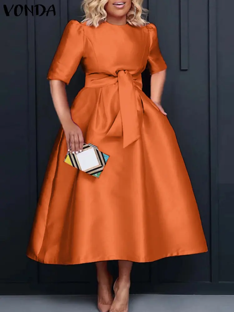 VONDA 2024 Elegant Satin Party Dress Women Summer Long Vestidos Casual Belted Loose Solid Short Sleeve Midi Sundress Oversized