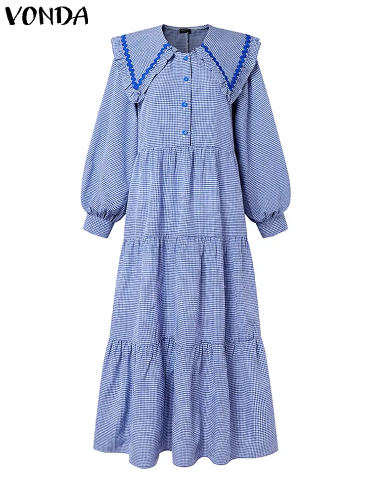 VONDA Women Elegant Plaid Dress Peter Pan Collar Ruffled Maxi Long Vestidos 2025 Fashion Buttons Casual Loose Party Pleated Robe