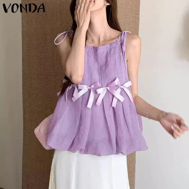 VONDA Women Camis Fashion Straps Bow Ruffled Tops 2025 Summer Tees Casual Loose Solid Color Bandage Elegant Office Blusas Femme