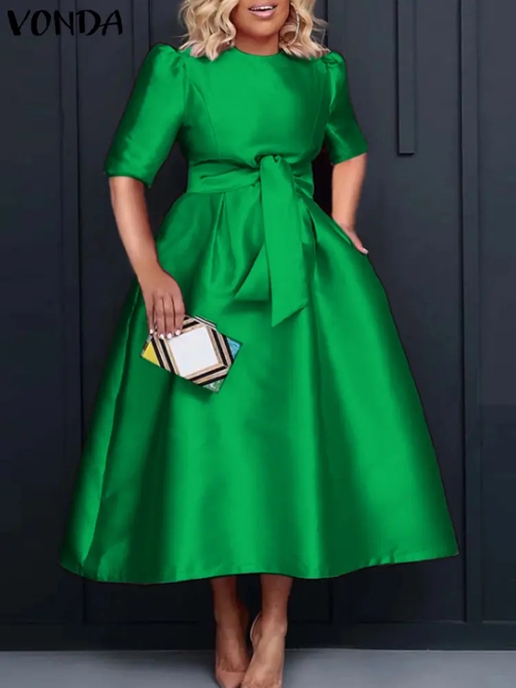 VONDA 2024 Elegant Satin Party Dress Women Summer Long Vestidos Casual Belted Loose Solid Short Sleeve Midi Sundress Oversized