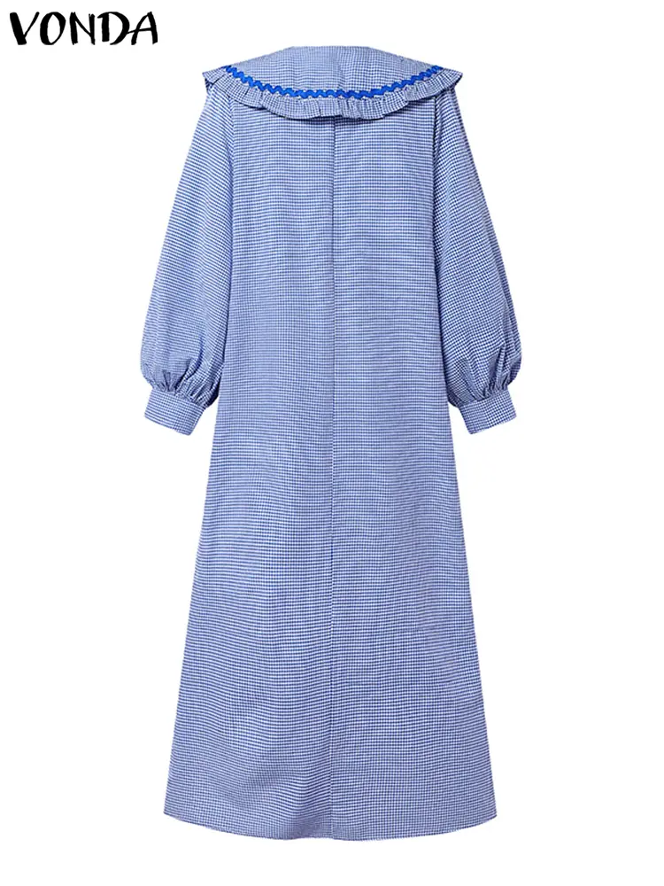 VONDA Women Elegant Plaid Dress Peter Pan Collar Ruffled Maxi Long Vestidos 2025 Fashion Buttons Casual Loose Party Pleated Robe