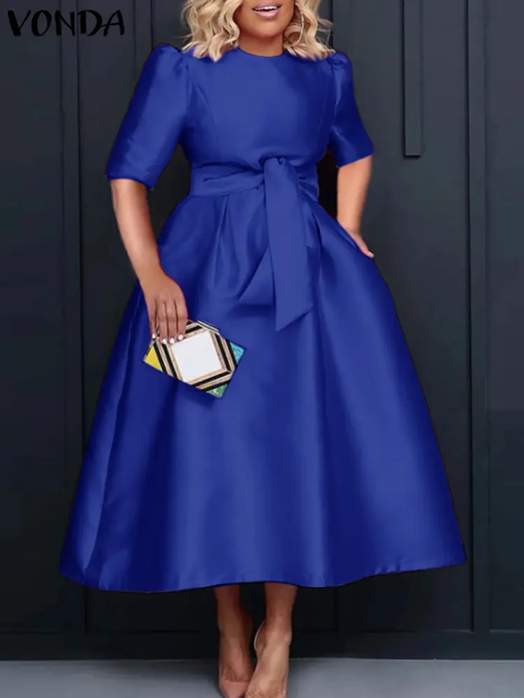 VONDA 2024 Elegant Satin Party Dress Women Summer Long Vestidos Casual Belted Loose Solid Short Sleeve Midi Sundress Oversized